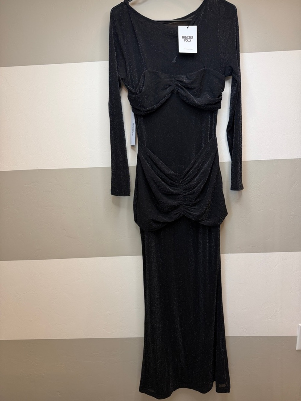 NWT Princess Polly Joceline lg sleeve metallic Blk Ruched  sheet Dress size 10